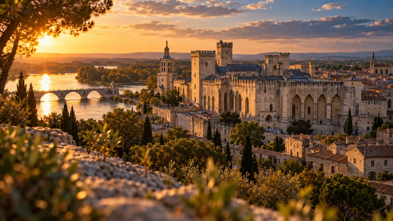 Avignon endroit à visiter : vue panoramique Palais des Papes et Rhône depuis le rocher des Doms