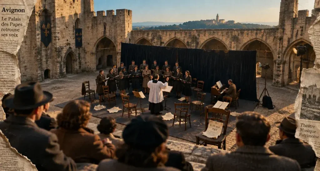 Cour d’honneur Palais des Papes, debut festival avignon 1947, spectateurs et scène