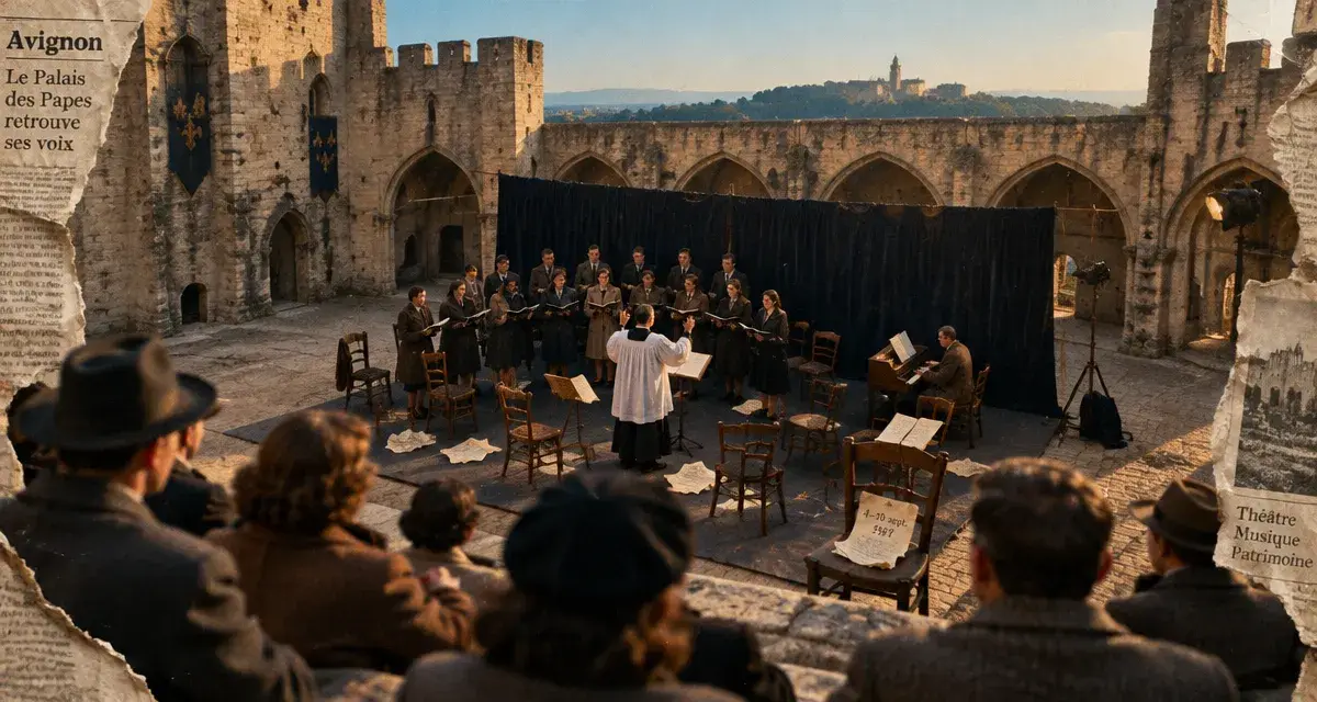 Cour d’honneur Palais des Papes, debut festival avignon 1947, spectateurs et scène