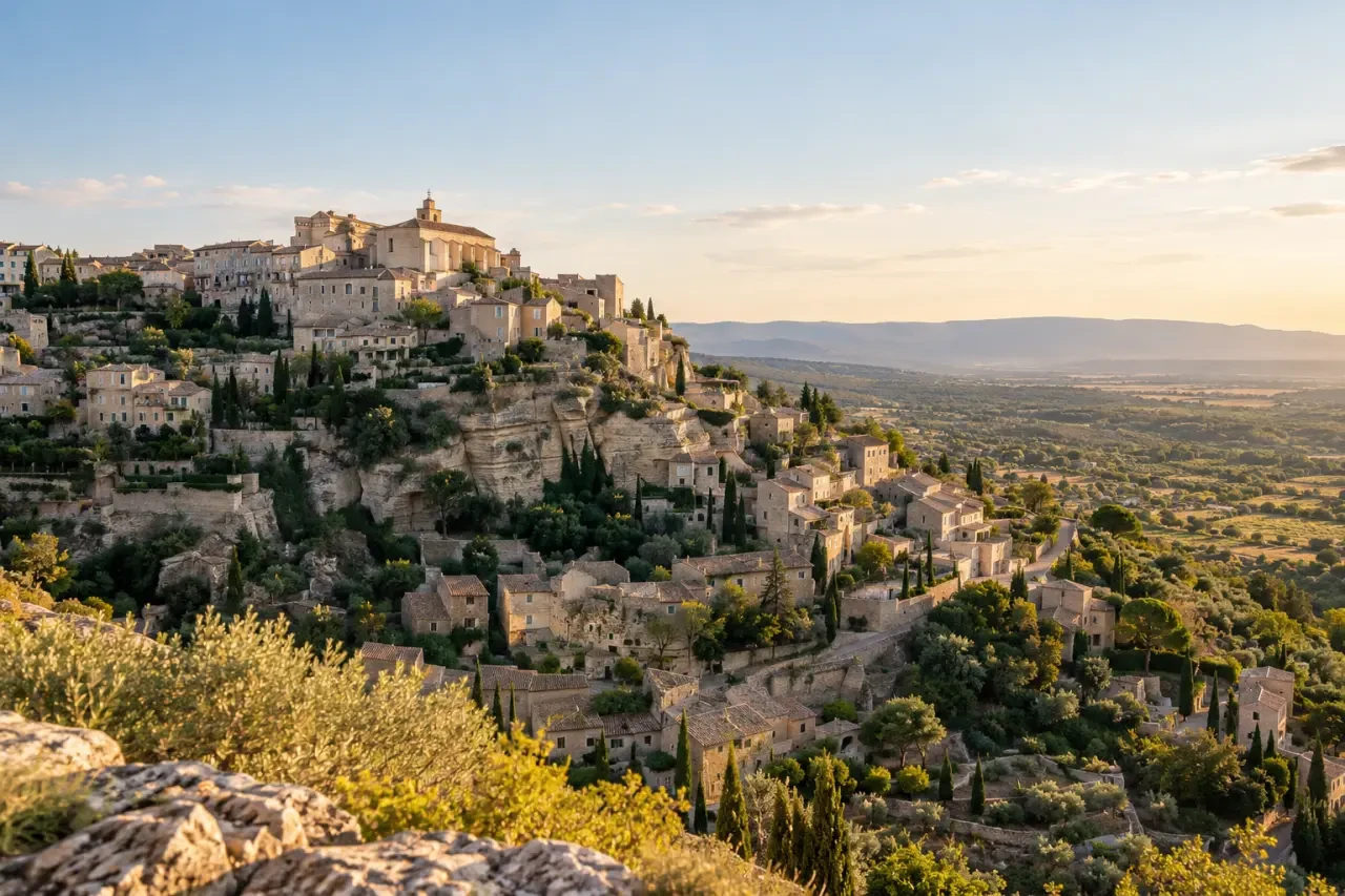 Gordes dans le Luberon vu depuis un panorama pour préparer des vacances à Gordes