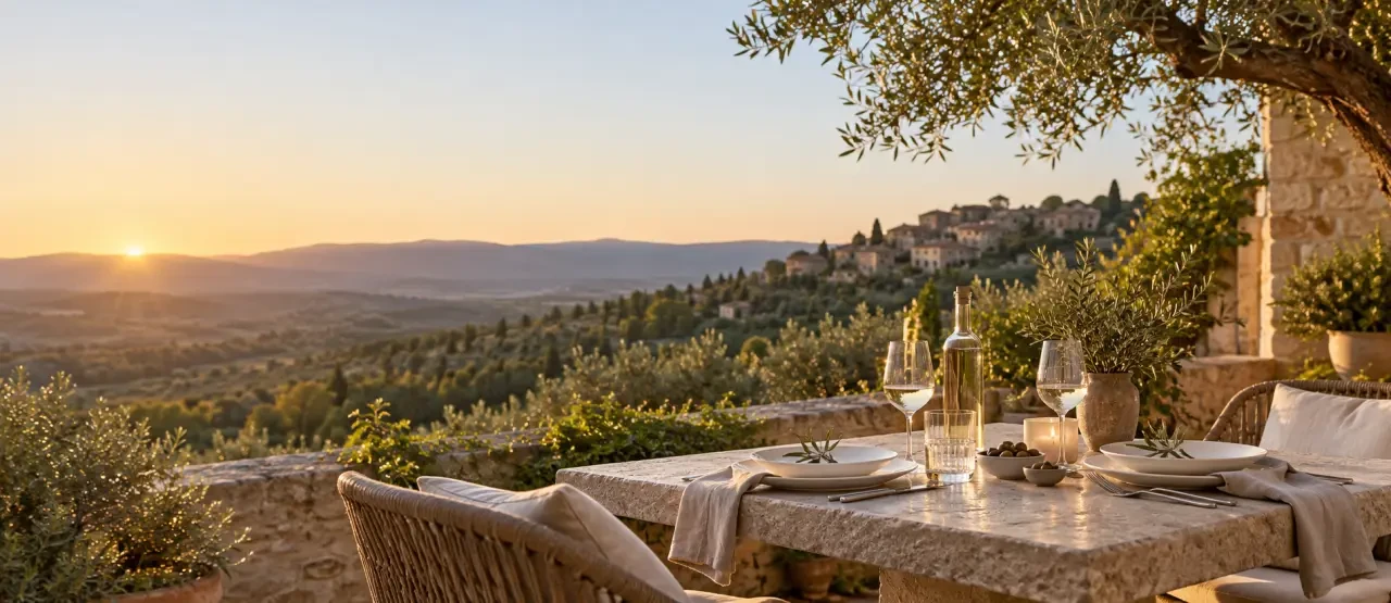 Restaurant romantique Luberon avec terrasse et vue sur un village perché au coucher du soleil