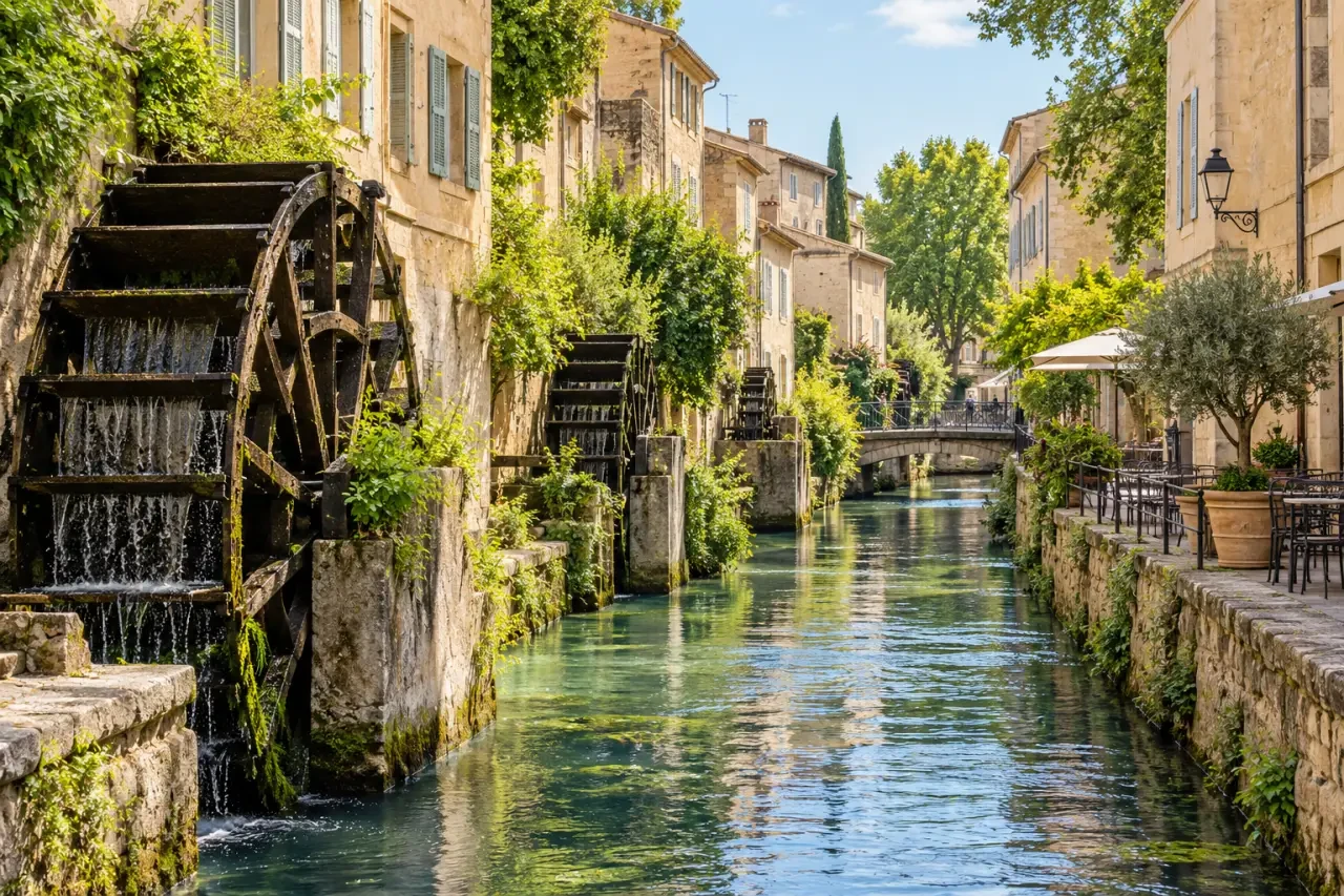 Avignon endroit à visiter : promenade dans la rue des Teinturiers le long du canal et des roues à aubes