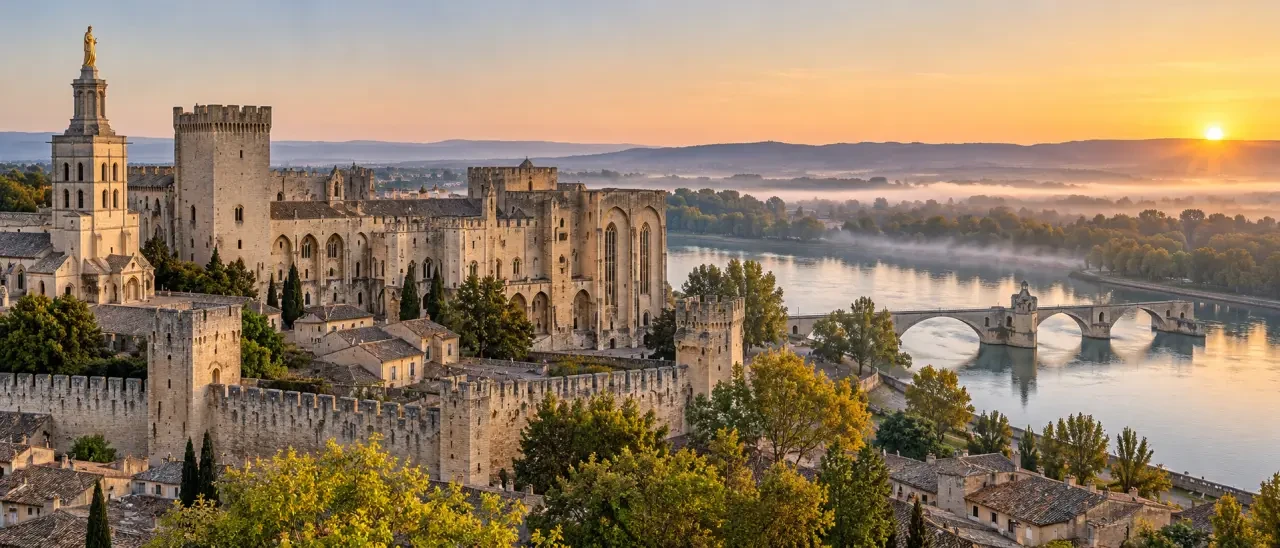 Avignon endroit à visiter : vue panoramique sur le Palais des Papes et le pont Saint-Bénézet depuis le rocher des Doms