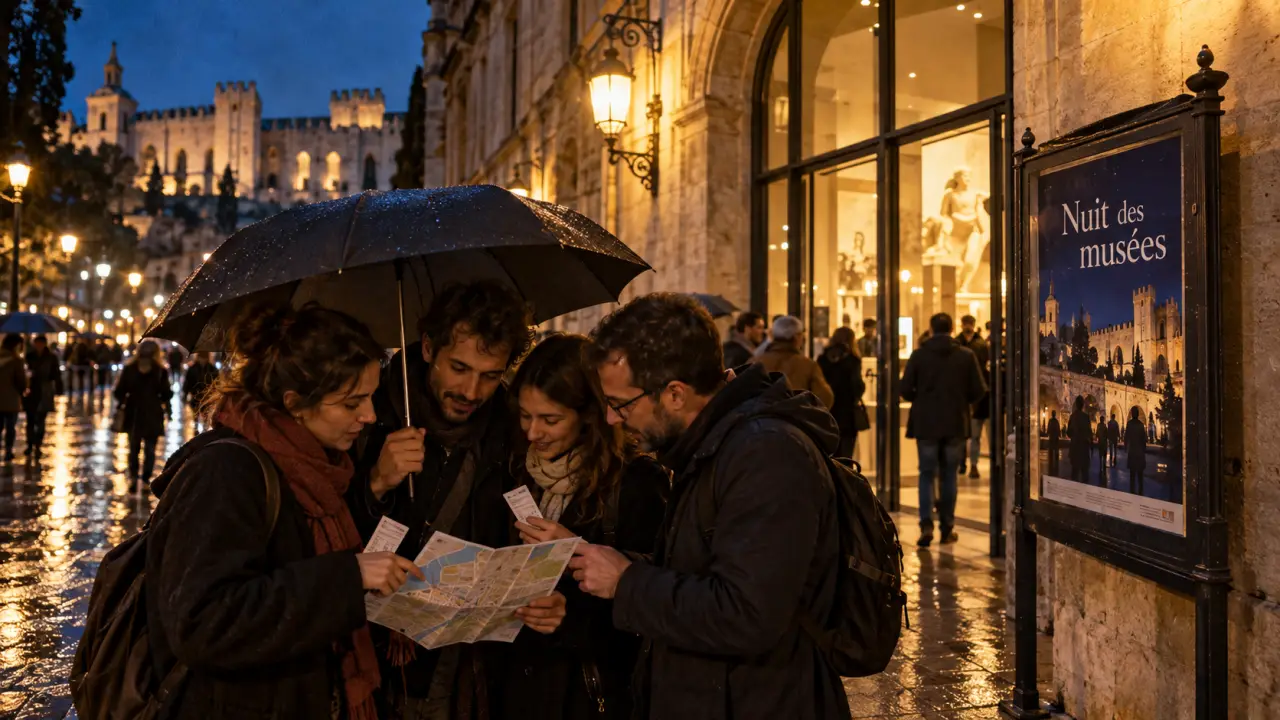 Nuit des musées avignon : visiteurs sous parapluie devant un musée