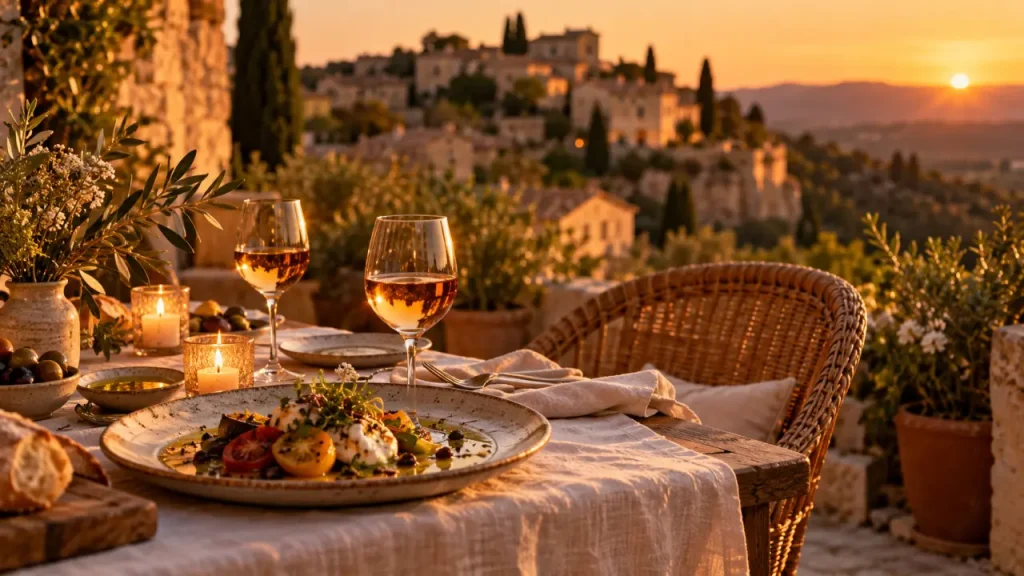 Restaurant romantique Luberon : table sur terrasse au golden hour