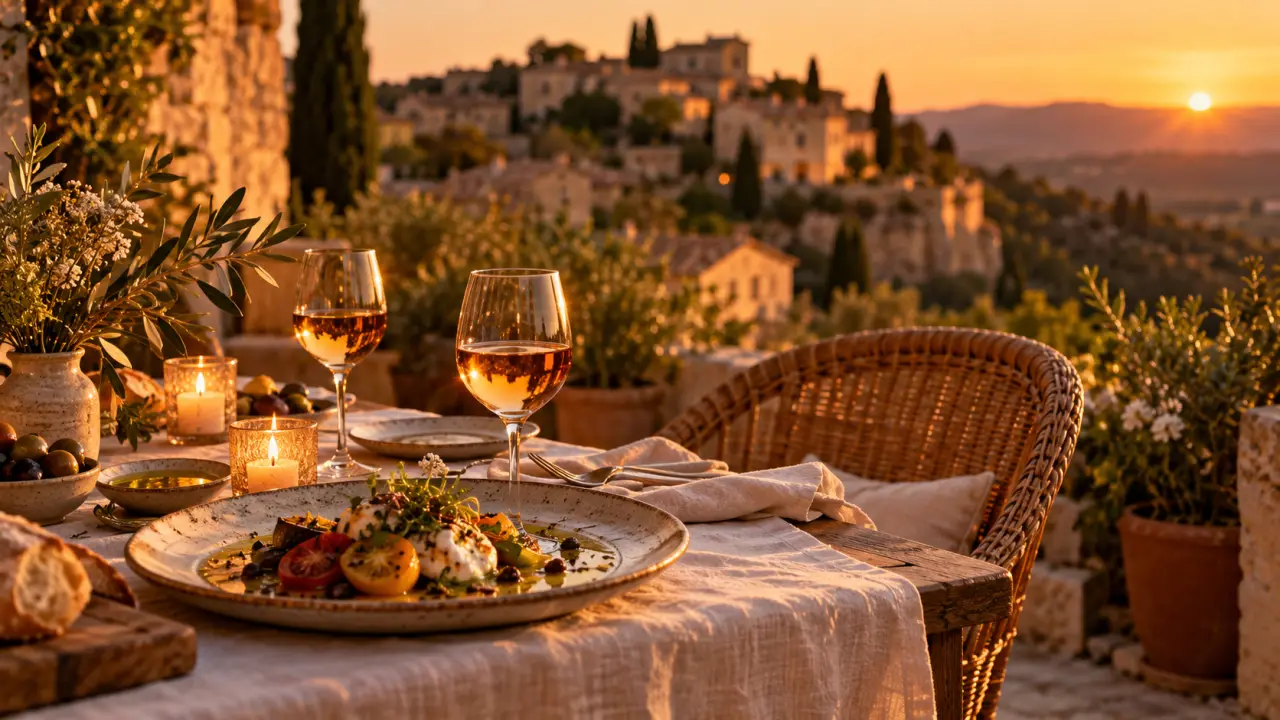 Restaurant romantique Luberon : table sur terrasse au golden hour