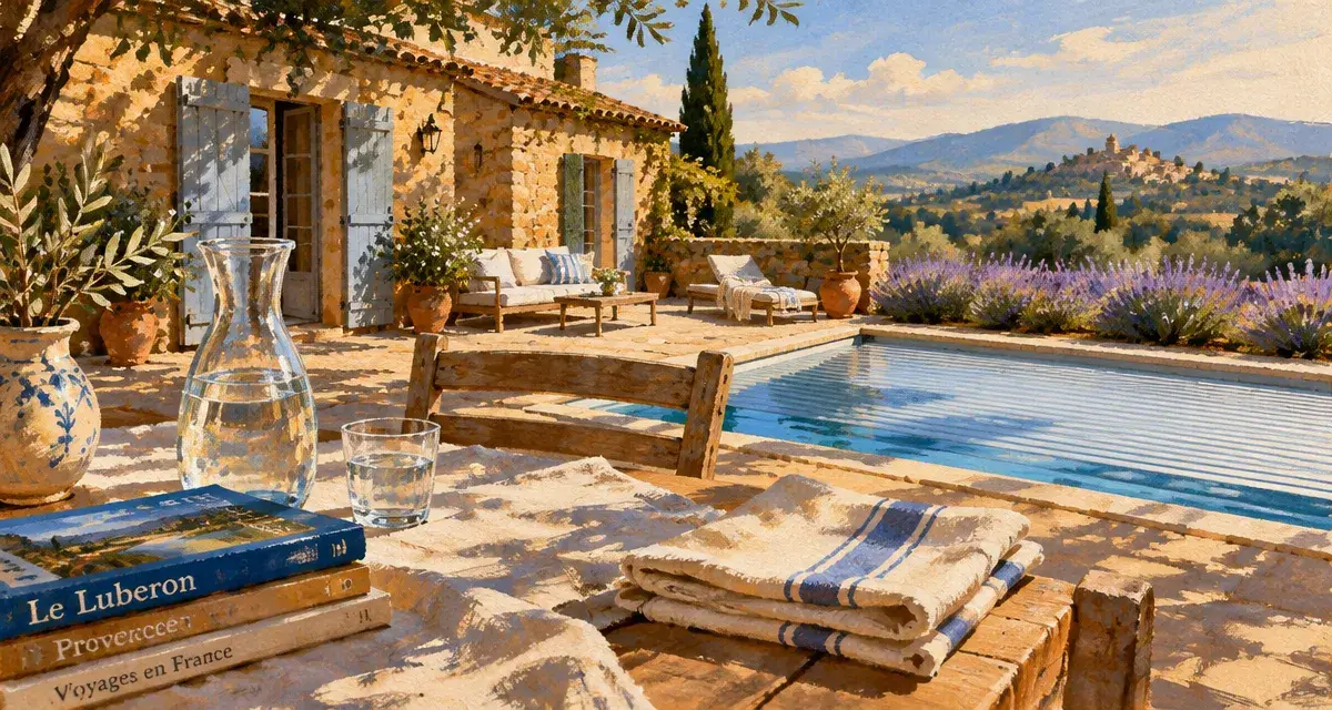 Vacances famille Luberon : terrasse provençale avec piscine privée sécurisée